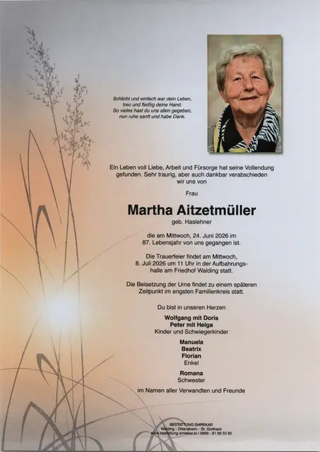 Martha Aizetmüller aus Walding, ✝︎ 86 Jahre  | Foto: Bestattung Smrekar