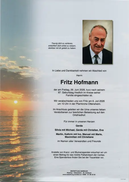 Fritz Hofmann aus Ottensheim, ✝︎ 86 Jahre | Foto: Bestattung Smrekar