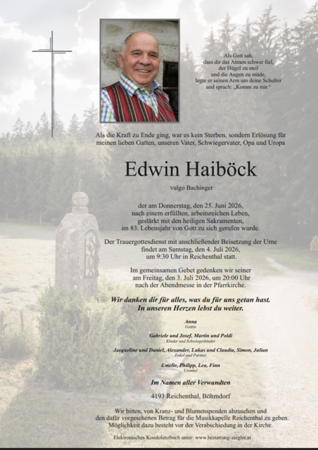 Edwin Haiböck aus Reichenthal, ✝︎ 82 Jahre | Foto: Bestattung Ziegler