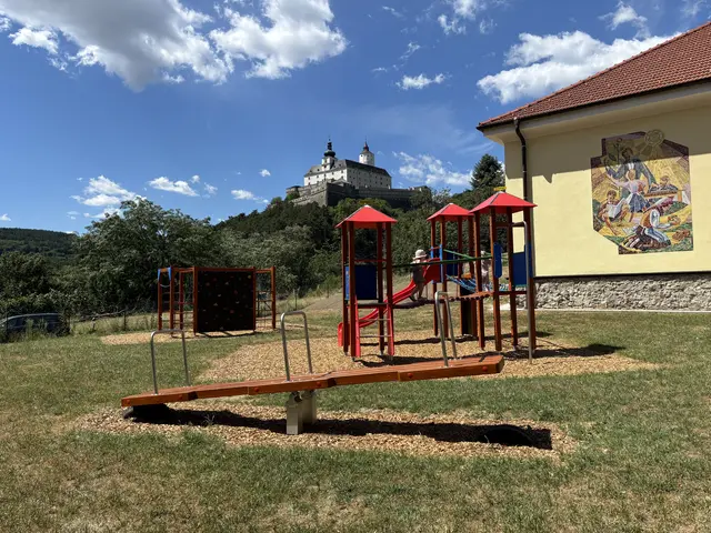 Mit Ausblick auf die Burg: Der Spielplatz im Garten der ehemaligen Volksschule Neustift an der Rosalia wurde Mitte Juni fertiggestellt.  | Foto: MeinBezirk/Barbara Babonitsch-Diewald
