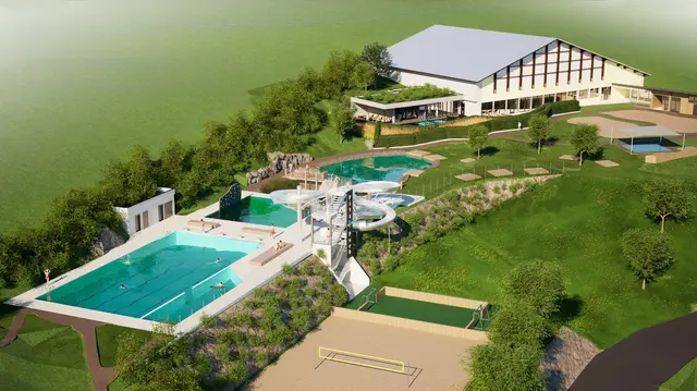 Visualisierung der geplanten Neugestaltung des PitzParks mit Schwimmbecken, Rutsche und Wellnessbereich.  | Foto: Krißmer Architektur &amp; Baumanagement 