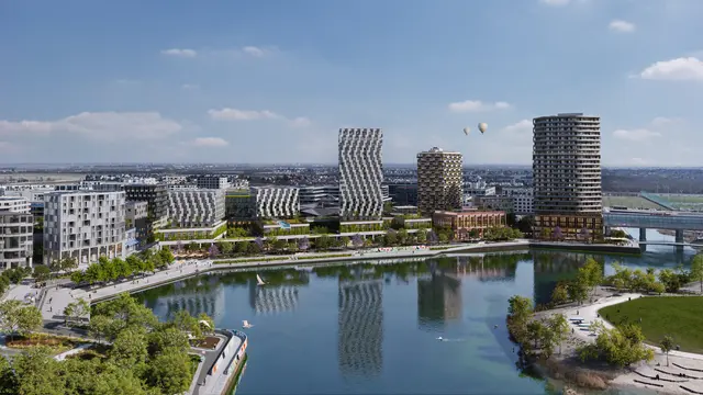 Von links nach rechts, der künftige Blick auf "Das Seestädter", "LIL-Y am See" und "PIER05". Die Gebäudekomplexe sollen das Nordostufer der Seestadt prägen. | Foto: Visualisierung: K18.pictures/ Wien 3420 aspern Development AG