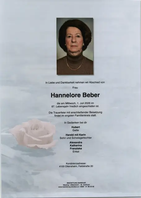Hannelore Beber aus Ottensheim, ✝︎ 86 Jahre  | Foto: Bestattung Smrekar