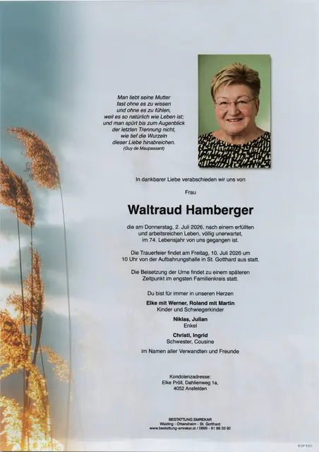 Waltraud Hamberger aus Walding, ✝︎ 73 Jahre | Foto: Bestattung Smrekar