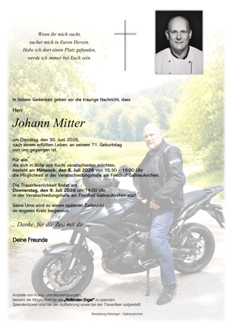 Johann Mitter aus Engerwitzdorf, ✝︎ 71 Jahre | Foto: Bestattung Holzinger