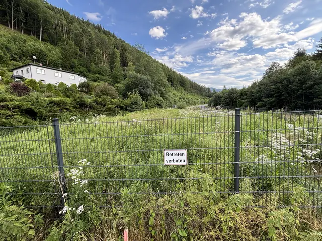Ein aktuelles Bild der Teergrube bei der Stadteinfahrt von Mürzzuschlag. Sie ist eingezäunt und zugewachsen. 