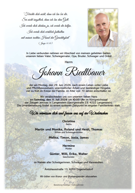 Johann Riedlbauer aus Engerwitzdorf, ✝︎ 70 Jahre | Foto: Bestattung Holzinger