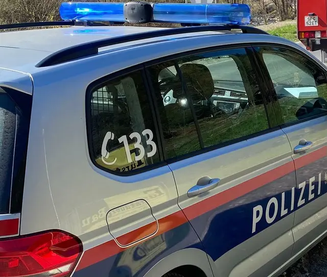 Ein Polizeiauto mit Blaulicht am Dach, das jedoch nicht eingeschaltet ist. 