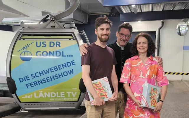 Foto: Christian Fasser: Claudia Neumayr und Jakob Sieber berichten "us dr Gondl" über ihren EXPAT Service Vorarlberg bei Andreas Seeburger in der LÄNDLE TV Fernsehgondel vom Muttersberg.