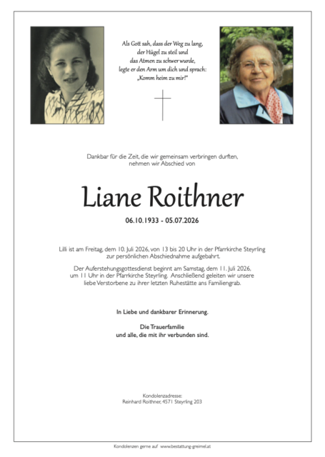 Liane Roithner ✝︎ 05.07.2026 | Foto: Bestattung Greimel