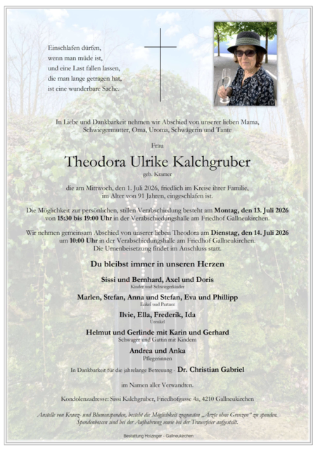 Theodora Ulrike Kalchgruber aus Gallneukirchen, 91 Jahre | Foto: Bestattung Holzinger