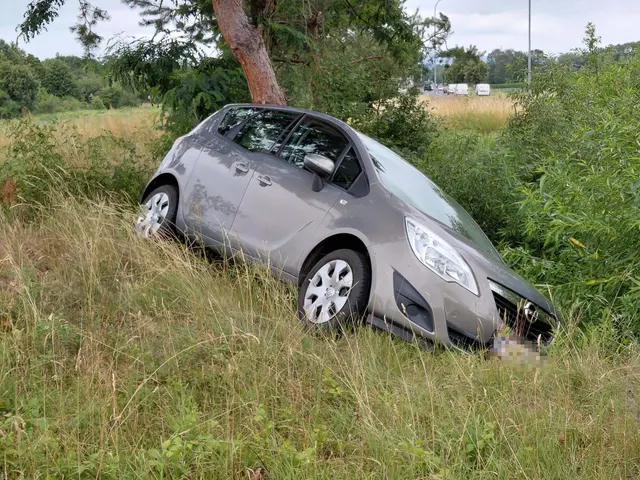 Ein Pkw war über eine Böschung bei der Turmöl-Tankstelle in Jabing gerutscht. | Foto: Feuerwehr Jabing