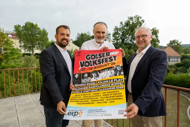 Mit einem hochkarätigen Musikprogramm, neuen Themenschwerpunkten und der erstmals stattfindenden Burgenland Expo schlägt das Golser Volksfest 2026 ein neues Kapitel auf: (v.l.) LAbg. Bürgermeister Kilian Brandstätter, Landeshauptmann Hans Peter Doskozil und Volksfest-Organisator Dieter Horvath. | Foto: Landesmedienservice Burgenland