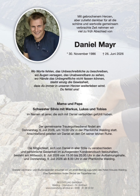 Daniel Mayr aus Walding, ✝︎ 39 Jahre | Foto: Bestattung Smrekar