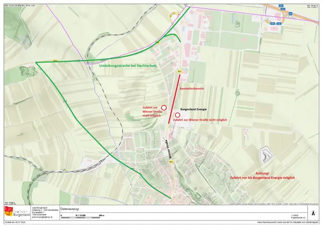 Während der Bauarbeiten auf der B51 wird der Verkehr über die L257 und die B50 umgeleitet. | Foto: Stadtgemeinde Neusiedl am See