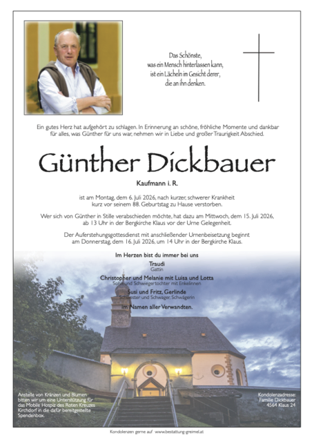 Günther Dickbauer ✝︎ 06.07.2026 | Foto: Bestattung Greimel