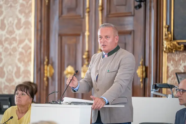 Ein Mann steht an einem Rednerpult und richtet das Mikro.