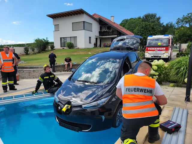 Der Lenker selbst blieb dabei unverletzt, der PKW balancierte gerade noch so auf den Abdecksteinen des Pools. | Foto: Freiwillige Feuerwehr Grafenwörth
