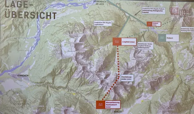In dieser Karte ist der Stollen, der Wasser des Namlosbachs in den Rotlechstausee überleiten soll, eingezeichnet. | Foto: EWR