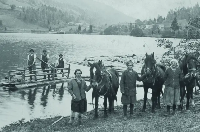 Männer steuern Flöße mit frisch geschlagenem Holz über den See. Am Ufer helfen Frauen mit Pferden – ein Einblick in das einst harte, aber gemeinschaftlich getragene Arbeitsleben. | Foto: Gemeinde Feld am See