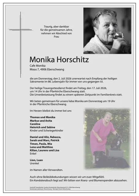 Monika Horschitz, Eberschwang, verstorben am 2. Juli, im 86. Lebensjahr. | Foto: Horschitz