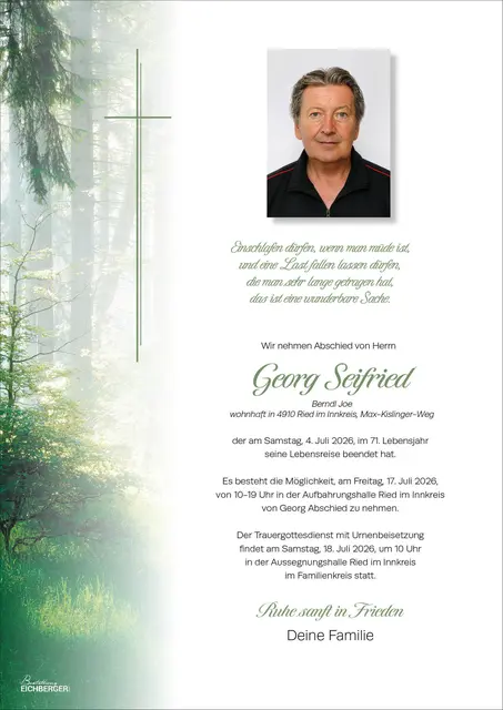Georg Seifried, Ried, verstorben am 4. Juli, im 71. Lebensjahr. | Foto: Anita Hargassner  