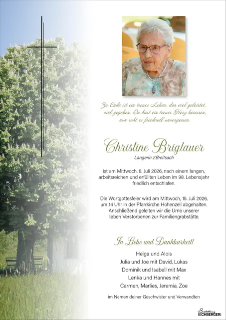 Christine Briglauer, Hohenzell, verstorben am 8. Juli, im 98. Lebensjahr. | Foto: Bachmair  