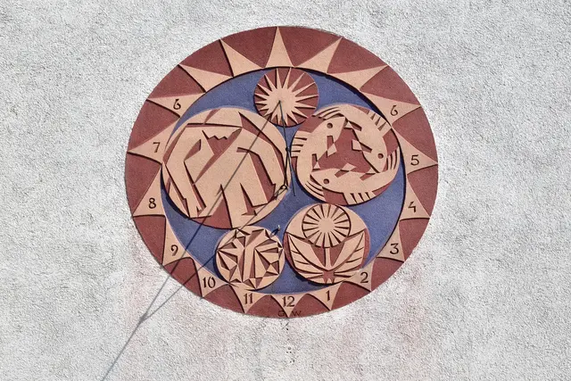 Sonnenuhr in Sgraffitotechnik von Gerulf Wilhelm über dem Eingang der Pfarrkirche in Neustadtl an der Donau. | Foto: Hans-Peter Kriener