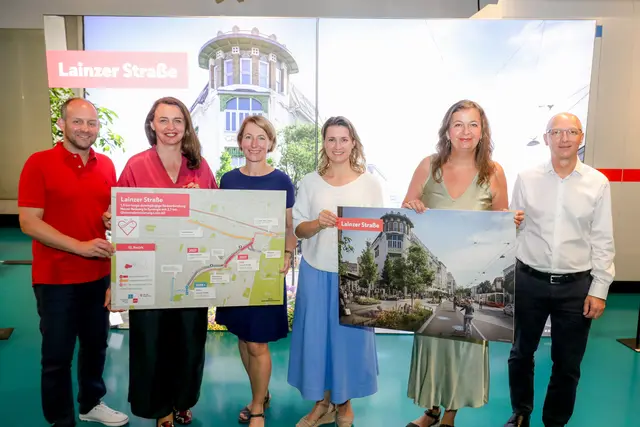 Bezirksvorsteher-Stellvertreter Marcel Höckner (SPÖ), Neos Wien Klubobfrau Selma Arapović, Gudrun Senk, technische Geschäftsführerin der Wiener Linien, Bezirksvorsteherin Johanna Zinkl (ÖVP), Öffi- und Planungsstadträtin Ulli Sima (SPÖ) und Christian Zant, Baustellenkoordinator der Stadt Wien. | Foto: Stadt Wien/Christian Fürthner