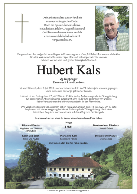 Hubert Kals ✝︎ 08.07.2026 | Foto: Bestattung Greimel
