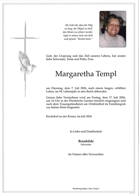 Margaretha Templ ✝︎ 07.07.2026 | Foto: Bestattung Krennmayr