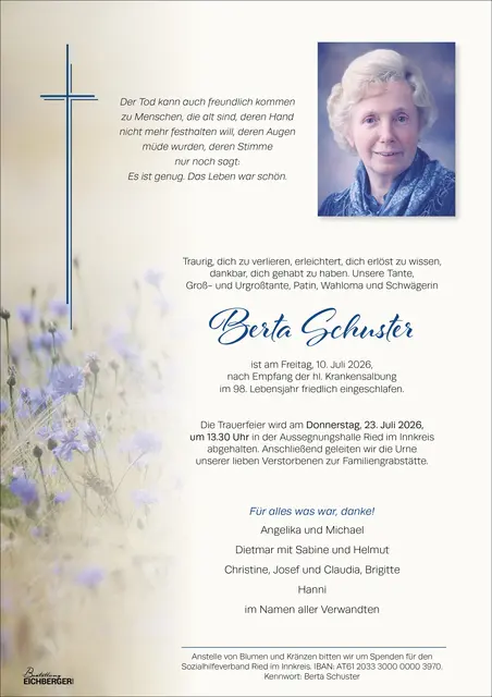 Berta Schuster, Tumeltsham, verstorben am 10. Juli, im 98. Lebensjahr. | Foto: Hirnschrodt  