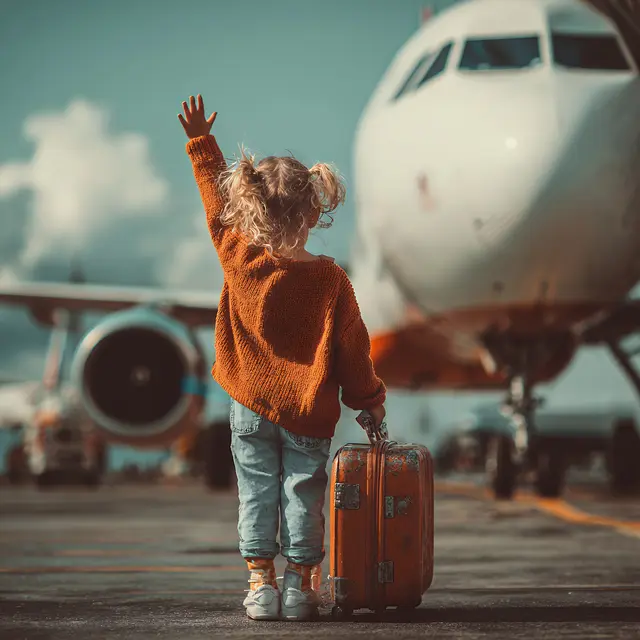 Kind mit Koffer steht vor einem Flugzeug