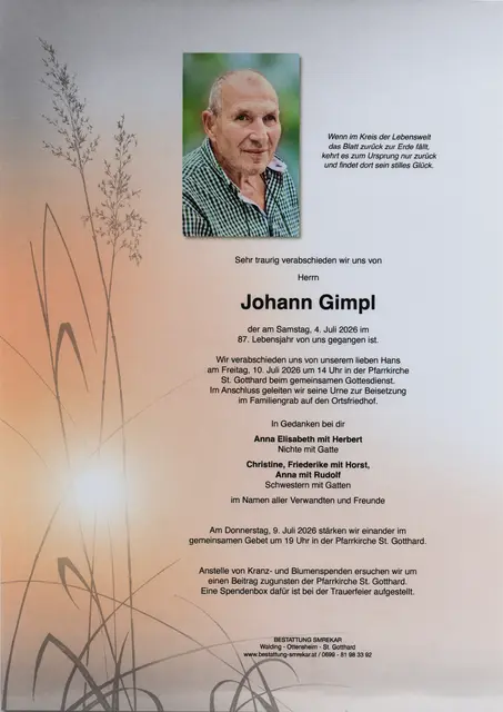 Johann Gimpl aus St. Gotthard, ✝︎ 86 Jahre | Foto: Bestattung Smrekar