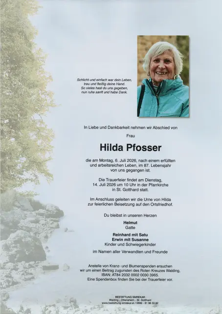 Heidi Pfoser aus St. Gotthard, ✝︎ 86 Jahre | Foto: Bestattung Smrekar