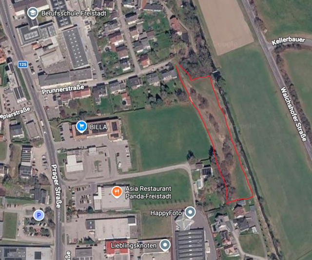 Der Bereich der "Bachwiese" ist rot umrandet. | Foto: Google Maps
