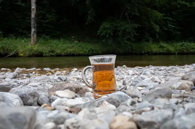 Blieb am Ufer neben der Schwarza von Hitze-Touristen zurück: ein Teeglas samt Inhalt; ein Stück weiter lag ein angebissener Döner. | Foto: Santrucek