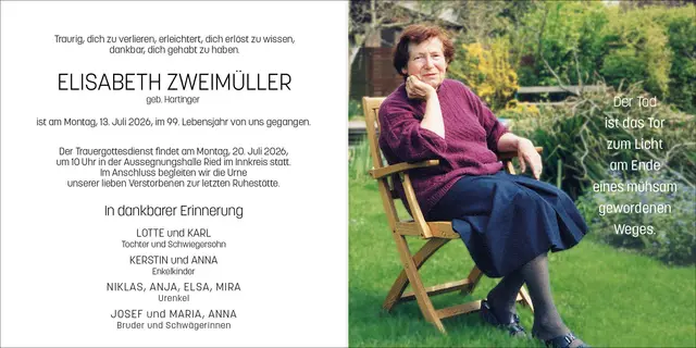 Elisabeth Zweimüller, Ried, verstorben am 13. Juli, im 99. Lebensjahr. | Foto: Karl Weilhartner