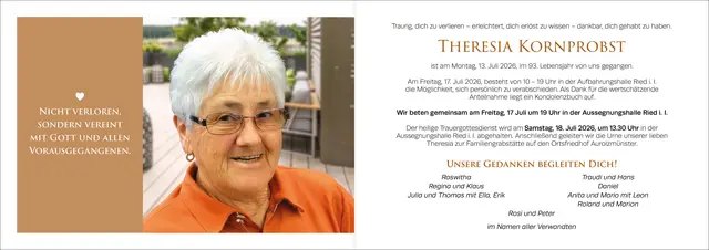 Theresia Kornprobst, Aurolzmünster, verstorben am 13. Juli, im 93. Lebensjahr.
 | Foto: Rosa Anzengruber