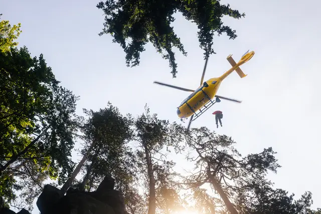 Der verletzte 57-Jährige soll mittels Seil aus dem Wald geborgen und ins Spital geflogen worden sein. (Symbolfoto) | Foto: stock.adobe.com/at/ Chalabala 