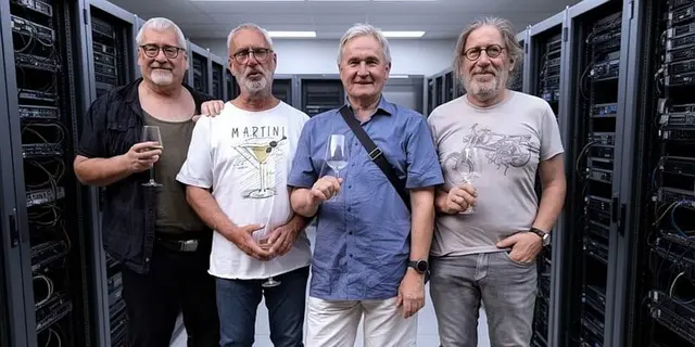Die vier Nerds, natürlich per KI in einen Server Room gebeamt, von links: Autor Martin Krusche, Techniker Jürgen Kapeller, Techniker Ewald Ulrich und Mathematiker Heimo Müller.