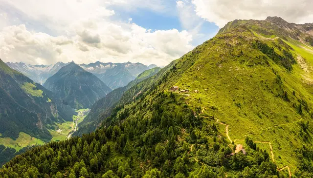 Hoch über dem Naturwaldreservat erhebt sich die Gamshütte, während im Tal das Bergsteigerdorf Ginzling eingebettet in die eindrucksvolle Landschaft der Zillertaler Alpen liegt. | Foto: Andreas Neurauter