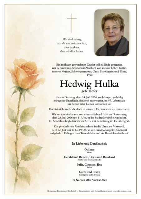 Hedwig Hulka ✝︎ 14.07.2026 | Foto: Bestattung Krennmayr