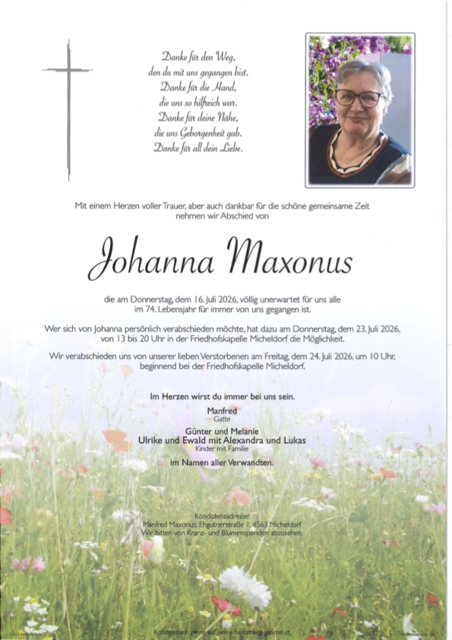 Johanna Maxomus ✝︎ 16.07.2026 | Foto: Bestattung Greimel