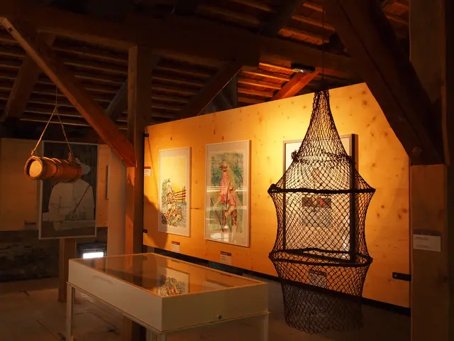 Fotografie aus dem Ausstellungsraum der Burg. Moderne Kunstobjekte und Gemälde sind unmittelbar neben historischen Exponaten wie alten Fischernetzen, Jagdwaffen und alpinen Gebrauchsgegenständen ausgestellt.