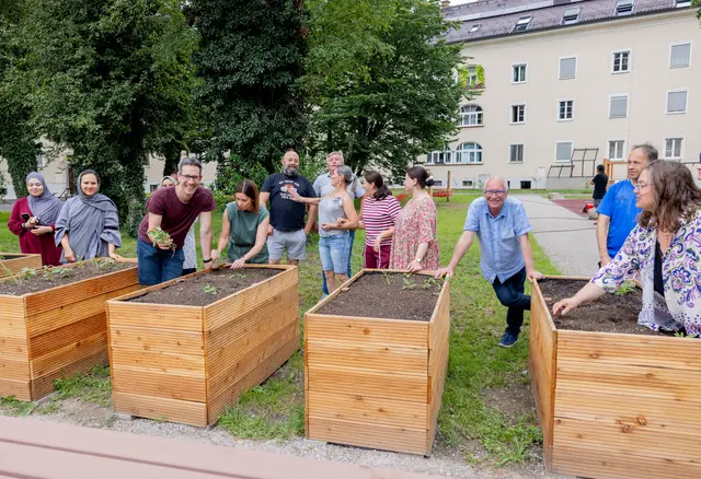Neue Gemeinschaftsbeete für den Lehener Vierkant: 
Bewohnerinnen und Bewohner sowie Projektbeteiligte bei den neuen Gemeinschaftsbeeten im umgestalteten Innenhof des Lehener Vierkants.  | Foto: Stadt Salzburg/Wildbild
