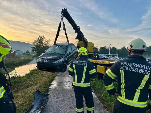 Mittels Kran wurde das Auto aus der Trattnach geborgen.  | Foto: FF Schlüßlberg