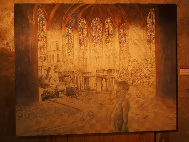  Das detailreiche Antikriegs-Gemälde „Apokalypse“ von Erich Horvath, ausgeführt in Eitempera und Harzöl auf Leinwand, das die Zerstörung und Schrecken des Krieges thematisiert.