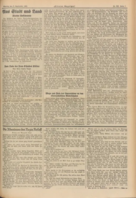 „Zum Tode der Frau Schulrat Sölder“: Persönlicher Nachruf auf Josefine Sölder von Maria Domanig im „Tiroler Anzeiger“ vom 5. September 1930. | Foto: ANNO/Österreichische Nationalbibliothek