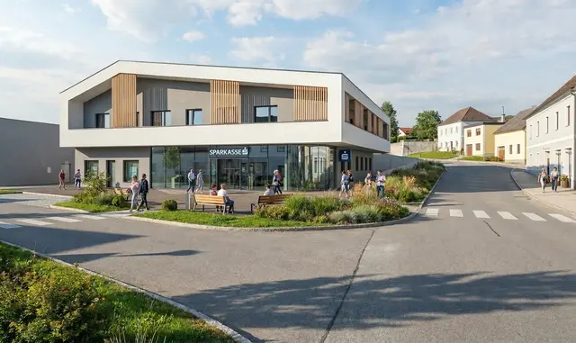 So in etwa wird die neue Filiale der Waldviertler Sparkasse und die Nebenflächen in Zukunft aussehen (Visualisierung) | Foto: Architekt Litschauer ZT GmbH